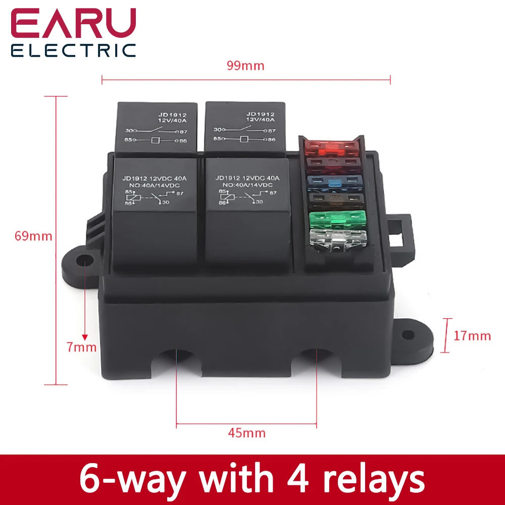 Earu Automotive 6-way fuse box with relay box assembly, 12 way 10 way 8 way modified circuit protection fuse box