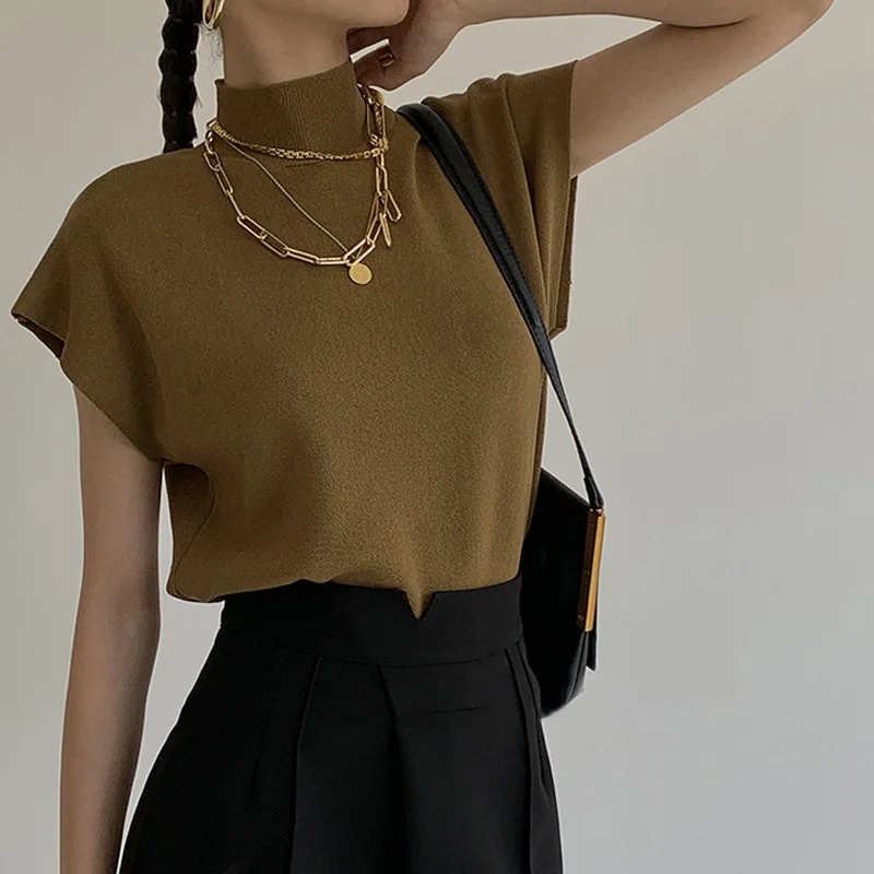 Camisa de colete da moda, gola semi alta de cor sólida, colete de malha de ombro, camiseta feminina, top reto completo solto e elegante