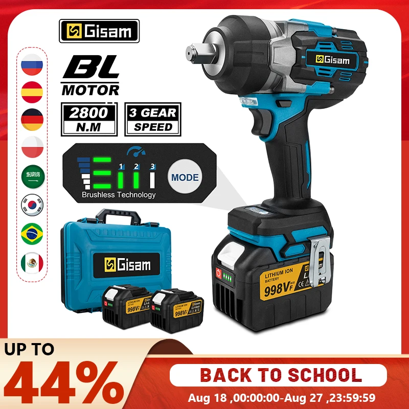 Gisam 2800N.M Torque Brushless Electric Impact Wrench 1/2 inch Screwdriver Cordless Wrench Power Tool For Makita 18V Battery Pin