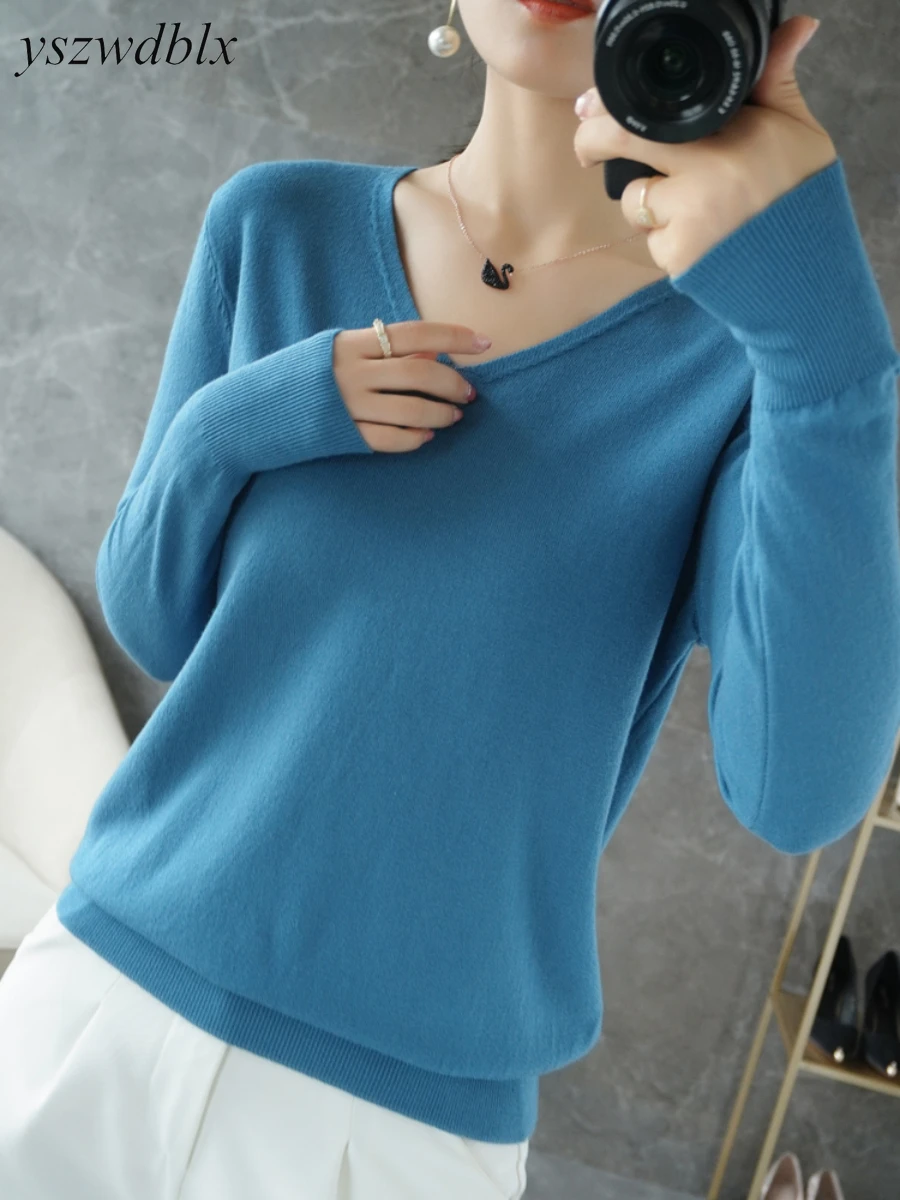YSZWDBLX Damen Pullover Frühling Herbst V-Ausschnitt Strickpullover Lose Bottoming Shirt Kaschmir Mode Pullover Solide Rosa Pullover