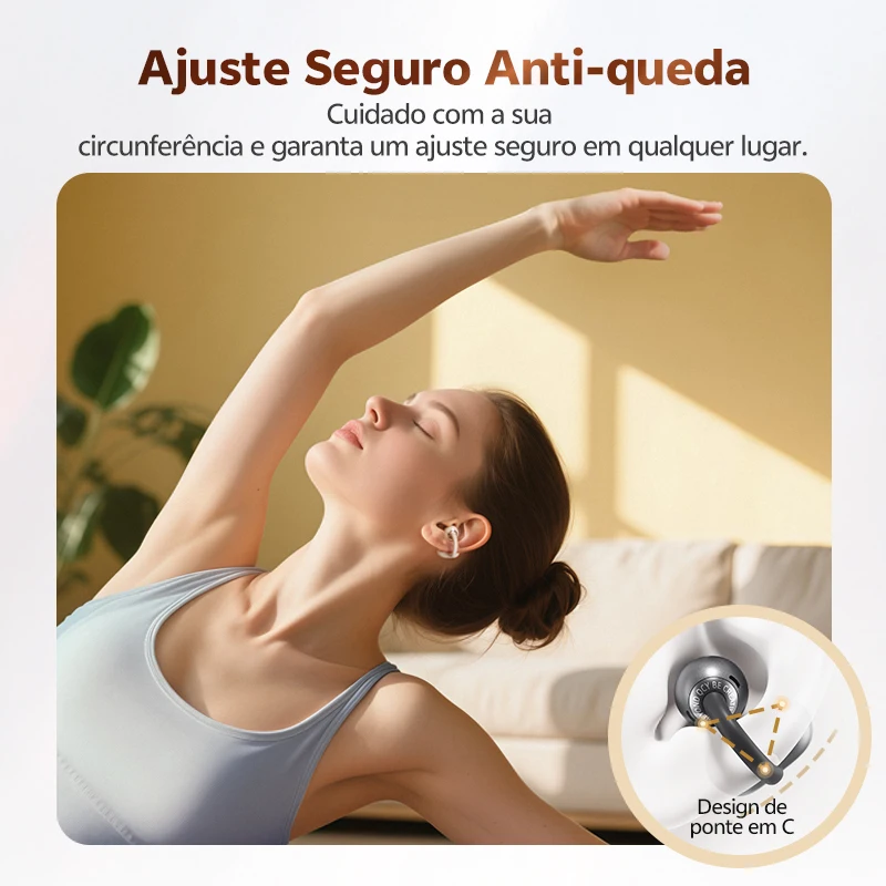 QCY Crossky C50 Fones de ouvido sem fio abertos Bluetooth 6.0 Ultra-confortáveis ​​com clipe para chamadas, 4 microfones, IA, reforço de graves, controle de volume adaptável, 35 horas de reprodução, esportes, corrida