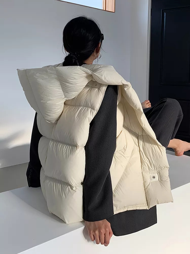 Chaqueta de plumón sin mangas para mujer, chaleco holgado con capucha, chaleco de plumón de pato blanco, ropa de exterior informal, 2024