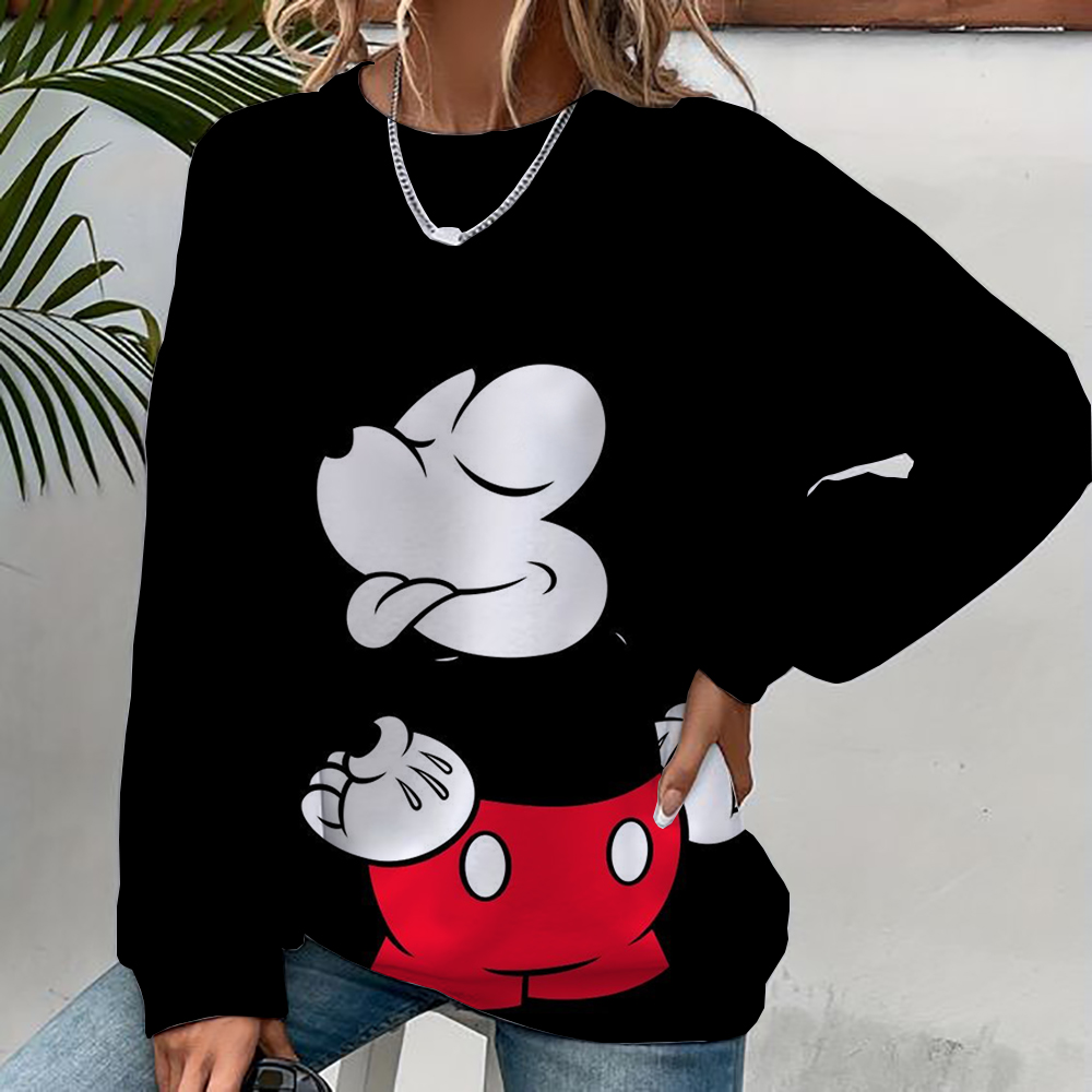 Ropa deportiva informal urbana para mujer con capucha con estampado de dibujos animados de Mickey Mouse, suéter suelto y suave, sudadera de lana con cuello redondo