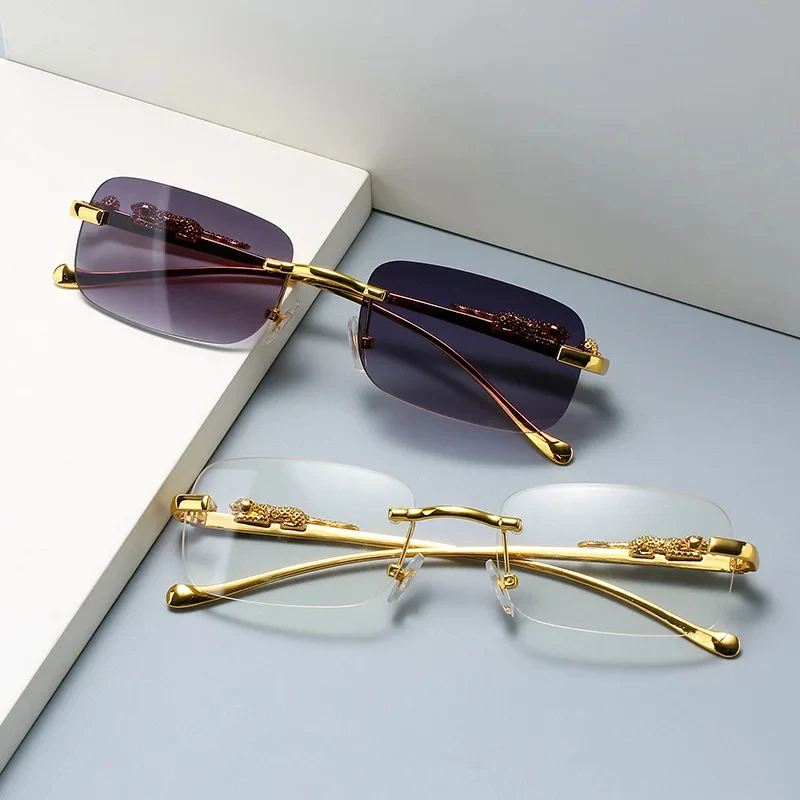 Nuevas gafas de sol rectangulares sin montura con cabeza de leopardo de Metal Vintage, gafas tintadas sin marco a la moda para mujeres y hombres