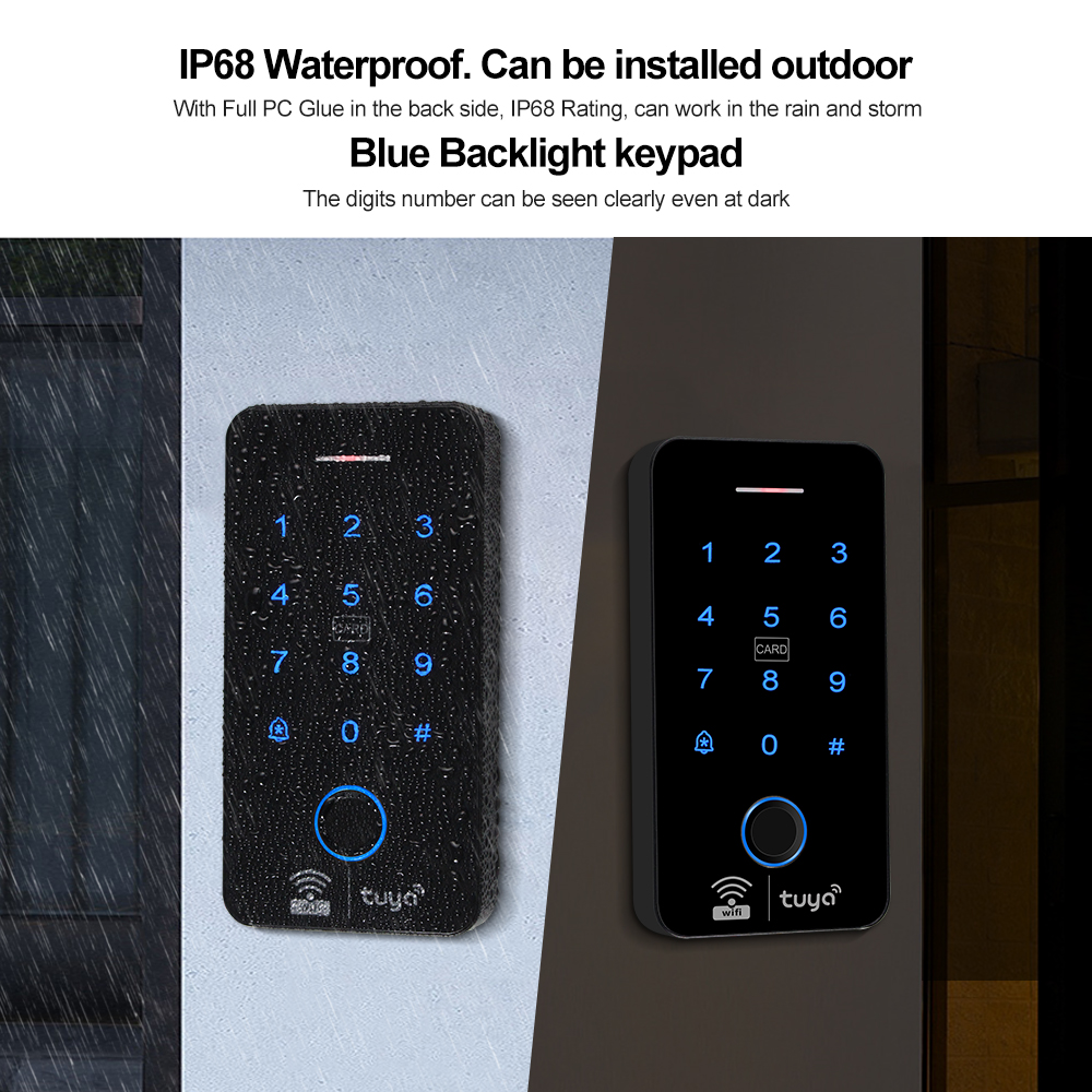 WiFi Tuyaลายนิ้วมือAccess Controllerกันน้ํากลางแจ้งแบบสแตนด์อโลนRFIDระบบปุ่มกด 125KHz 13.56MHz WG26 สมาร์ทAPPปลดล็อค