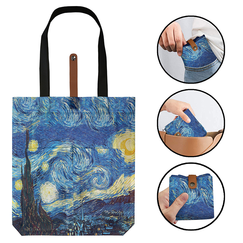 Bolsas de poliéster con estampado de Van Gogh, bolso de compras reutilizable para comestibles, bolsas de hombro, bolsa de almacenamiento para el hogar, 1 unidad