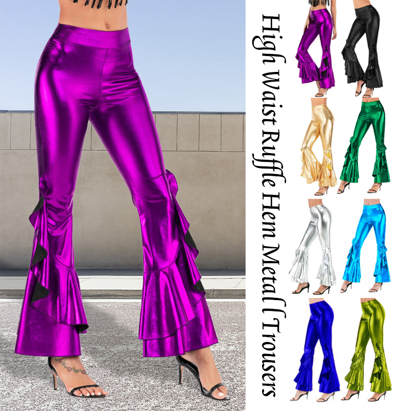 Glänzende Schlaghose für Damen, metallische Schlaghose, Rüschen, weites Bein, Retro-Hose im 70er-Jahre-Stil, Retro-Disco-Kostüm, Bühne, Abschlussball, Club-Hose
