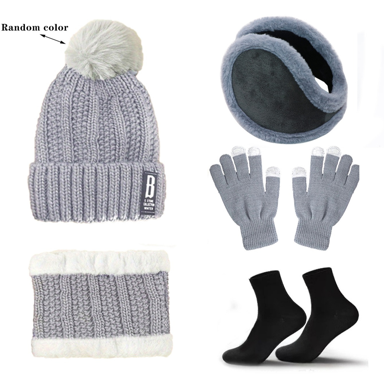 5pcs Women Warm Hat Winter Hat Wool Beanie Hats Thicken Knitted Cap Warm Scarf Gloves Hat Plush Earmuffs Thermal Socks