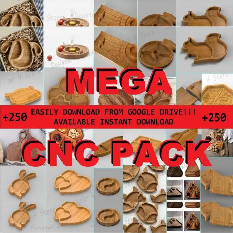Мега-пакет с ЧПУ + 250 файлов для фрезерного станка с ЧПУ, Dxf, Dwg, Eps, Stl, Svg, подносы для граверов, кухонные сервировочные тарелки, доски, пепельницы, стол