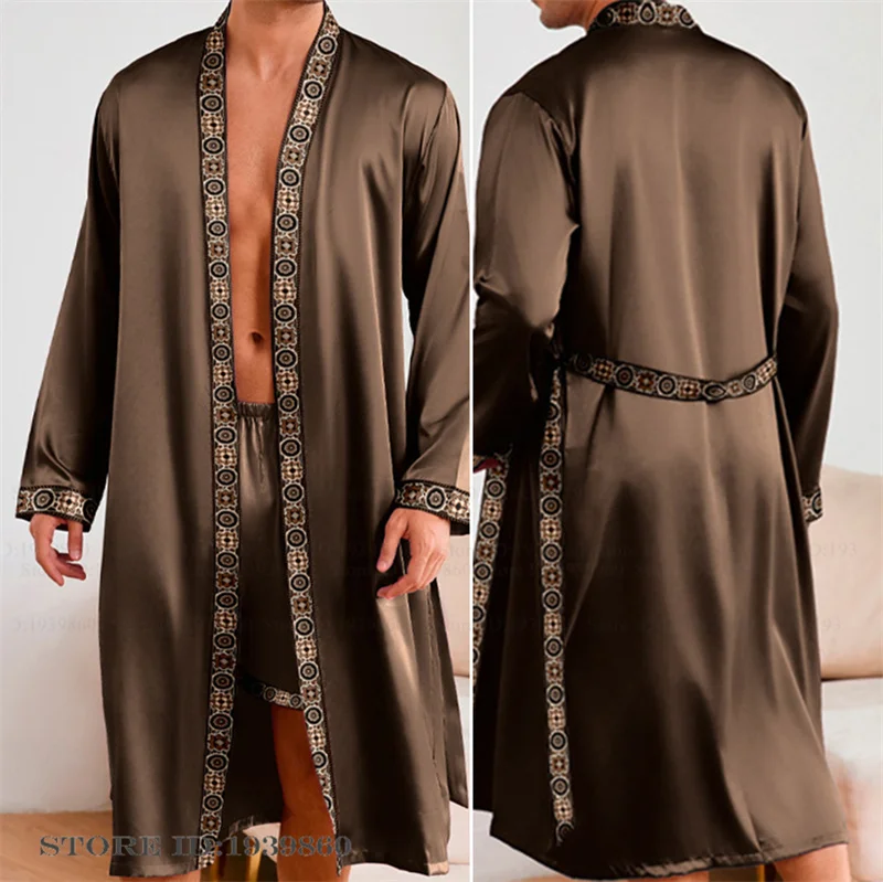 Männer Lange Robe Pyjamas Set Barock Stil Kimono Bademantel Kleid Frühling Sommer Männliche Nachtwäsche Hause Kleidung Rayon Loungewear Pijamas
