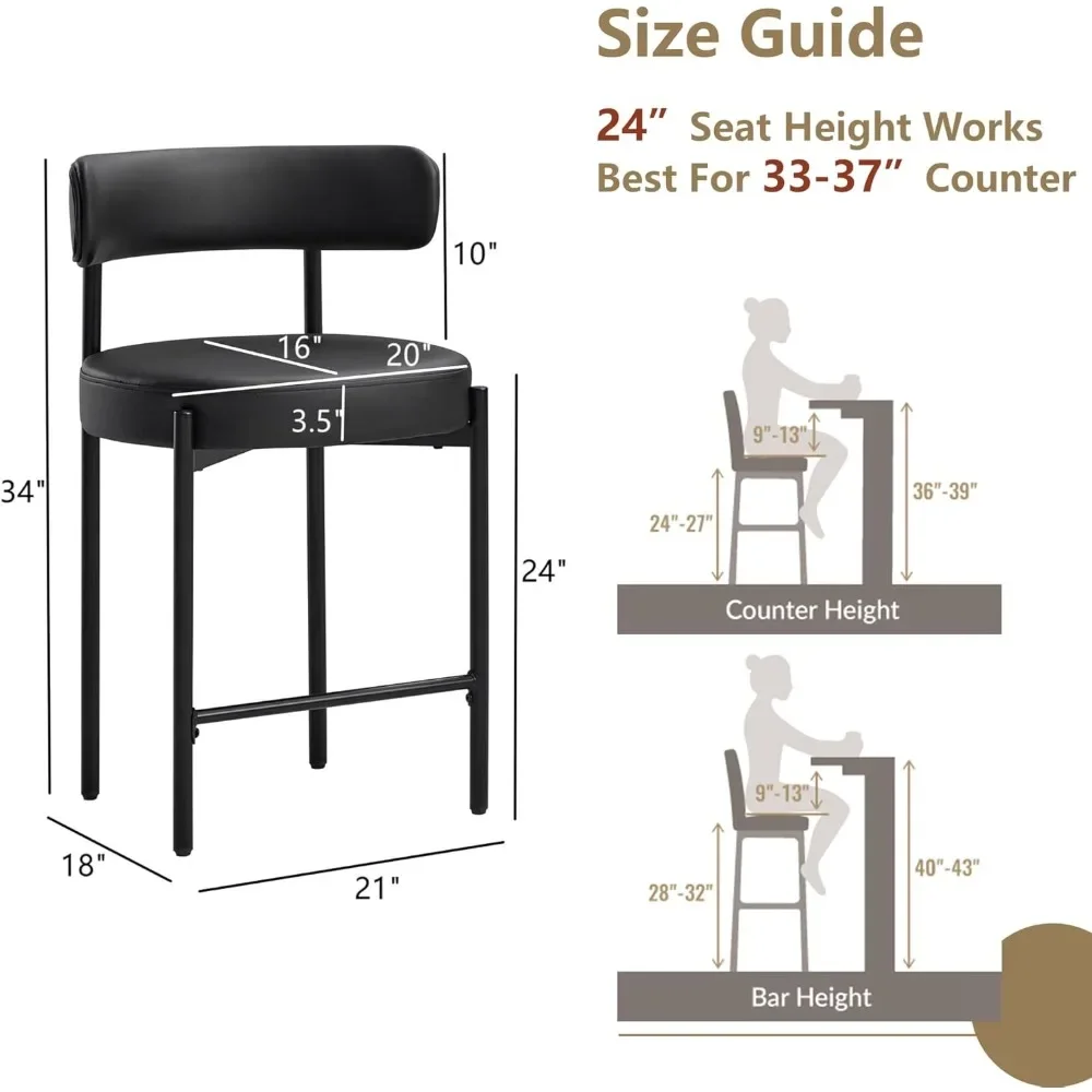 Counter Height Bar Stools, 24'' Black Bar Stools Set of 4, Faux Leather Counter Stools with Back, Mid-Century Modern Bar Stools