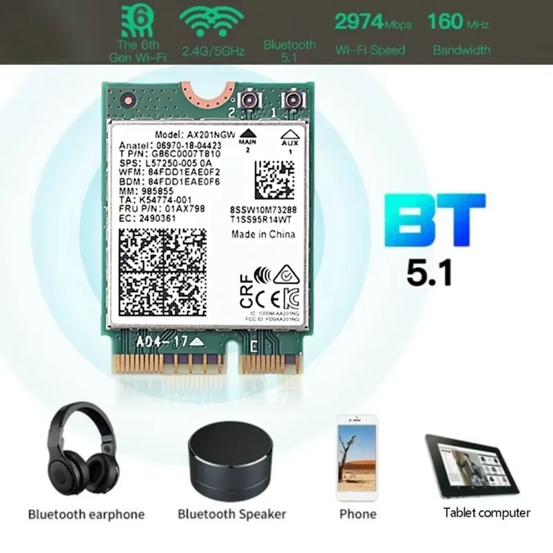 Двухдиапазонная беспроводная карта Bluetooth 5.1 AX201NGW 2,4 Гбит/с 802.11AX Беспроводной адаптер Wi-Fi 6 AX201 для NGFF M.2 CNVio2 WiFi-карты