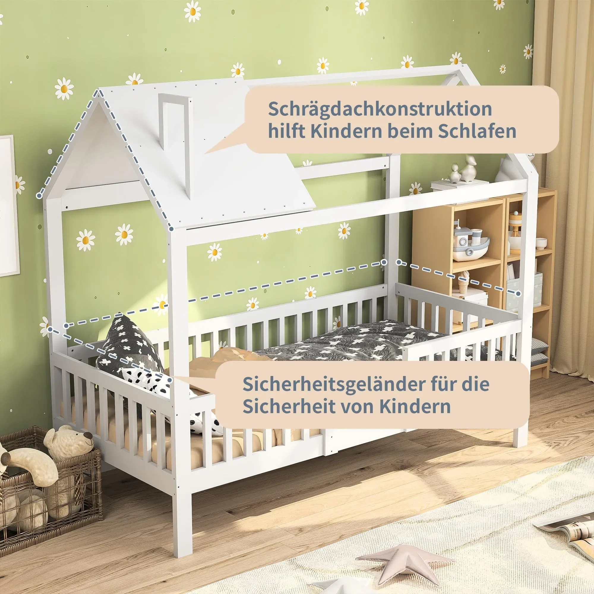 Łóżko pojedyncze dla dzieci Lazyspace, łóżko typu cottage 90 x 200 cm, łóżeczko, z ramą listwową i barierką, białe drewniane łóżko dla dzieci