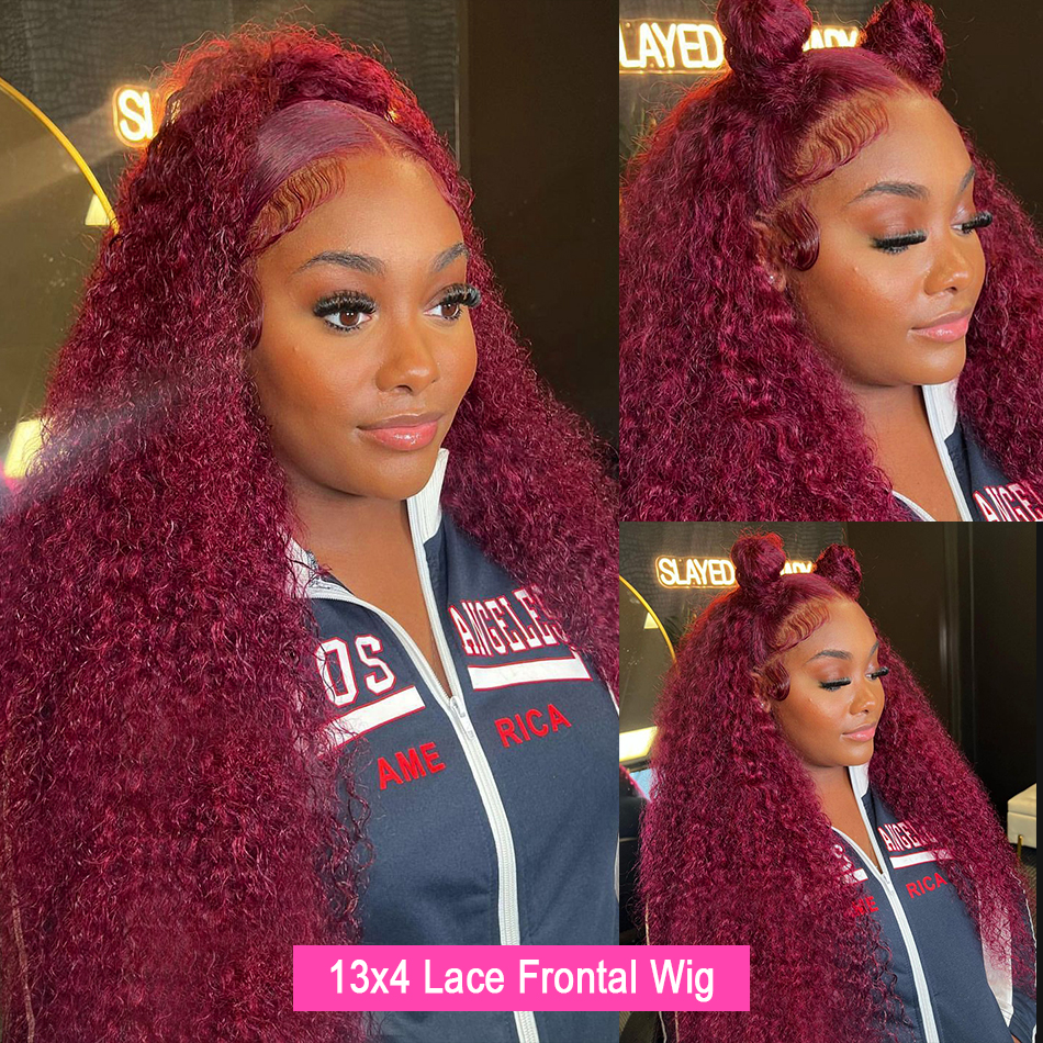 ウォーターウェーブバーガンディの女性用フロントレースウィッグ、カーリー、HDレース、人間の髪の毛、赤い色、透明なレース、ディープウェーブ、13x6、13x4