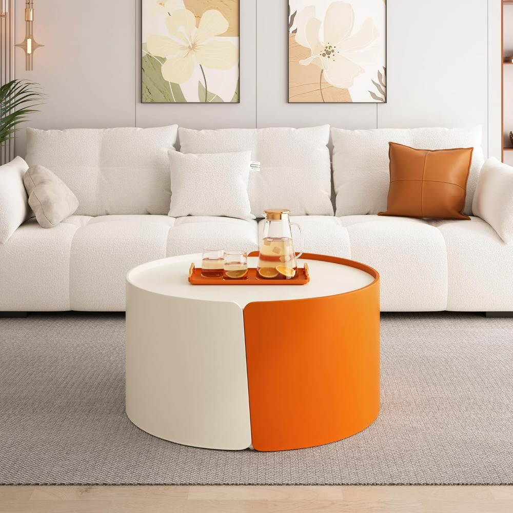 Coffee Table Set of 2, Round Nesting Table and End Table, Modern Side Tables with Extendable Sliding Tabletop, No Need Assembly