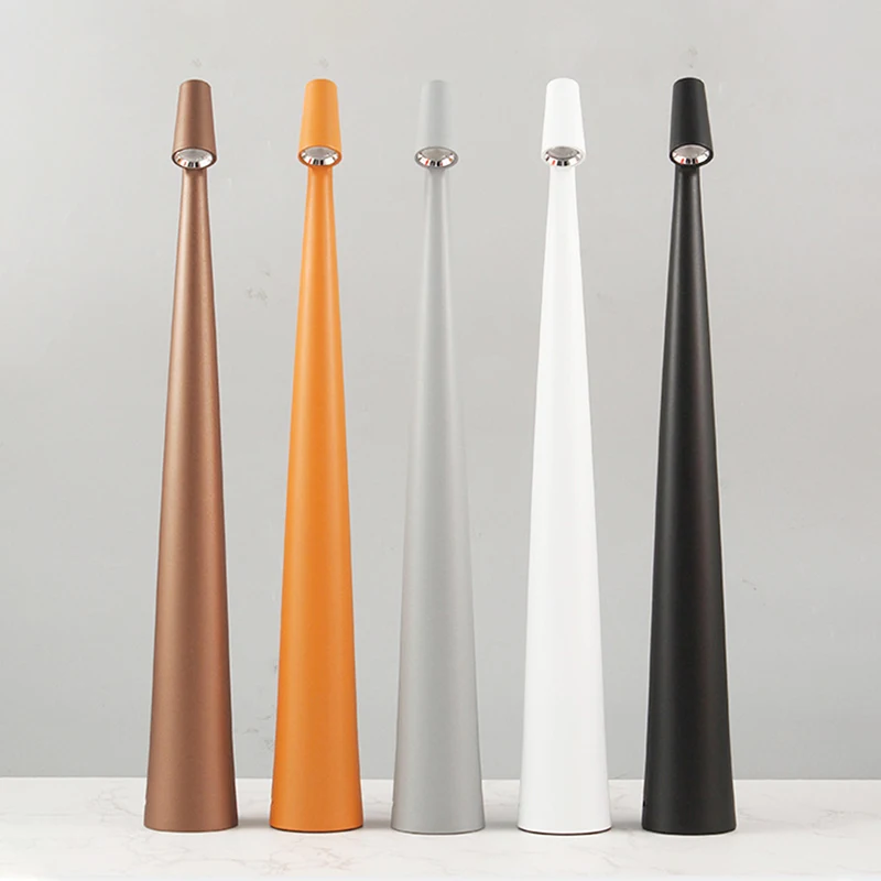 Minimal Cordless LED Light Rechargeable Tricolored Desk Lamp Elegant Slim Conical Stem Unique Portable Dimmable Reading Lamp