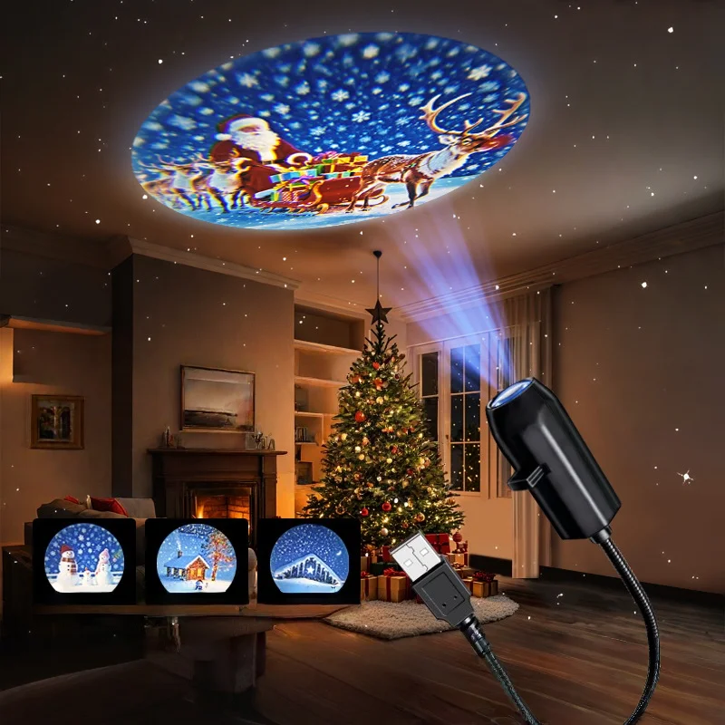 Projektor LED USB z 3/4 wzorami projekcyjnymi - Regulowana lampka nocna USB do dekoracji świątecznych