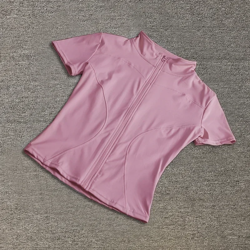 Zomer hoge kwaliteit taille afslanktraining tops dames sneldrogende strakke opstaande kraag volledige ritssluiting korte mouwen yoga shirts