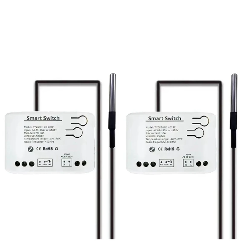 Interruptor Zigbee inteligente Tuya con Sensor de temperatura, relé Zigbee de contacto seco pasivo, funciona con AC85-250V asistente doméstico, 2 uds.
