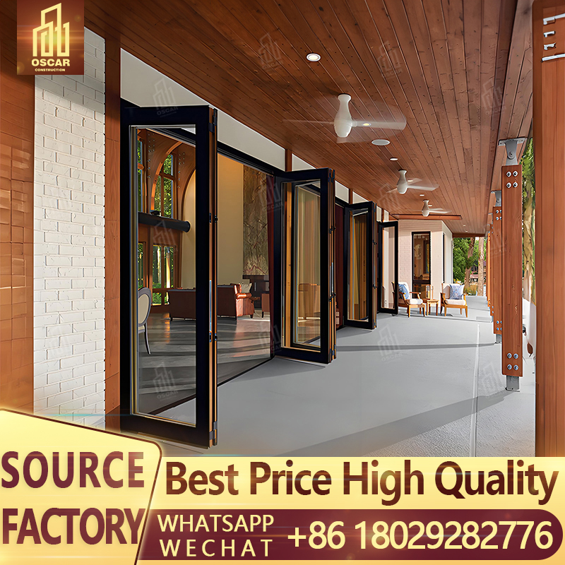 Porta cega de pátio dobrável com design moderno, alumínio, vidro temperado, aço, dobrável vertical, interior e exterior