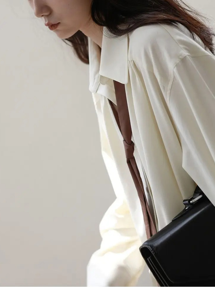 Camisa minimalista de manga larga con botones para mujer, camisas de gran tamaño con lazo liso de estilo coreano, blusa, ropa holgada, Tops de otoño