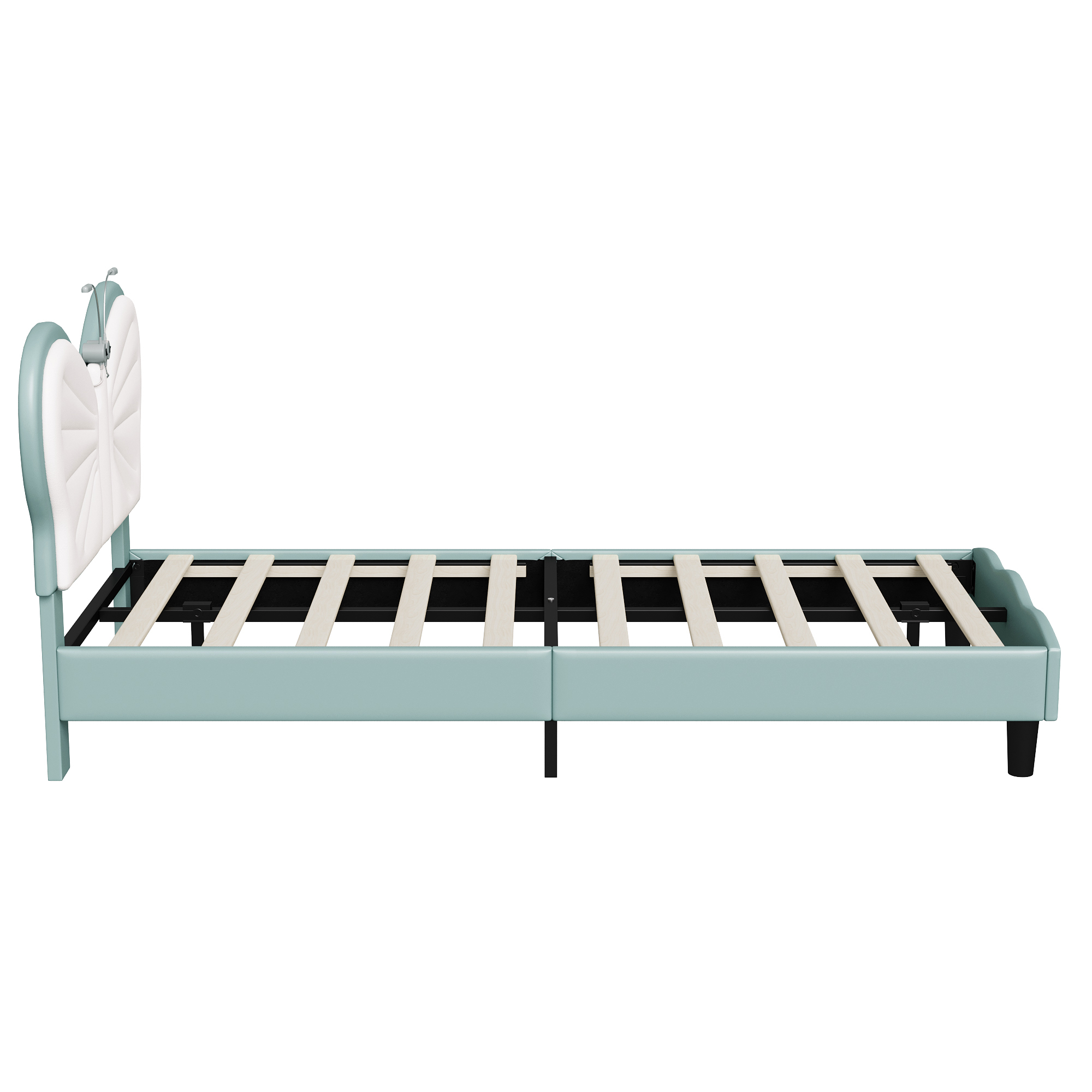 Lazyspace vlindervormige hoofdeinde kinderbedden met LED-leeslampen, 90x200cm in hoogte verstelbaar PU-lederen bedframe