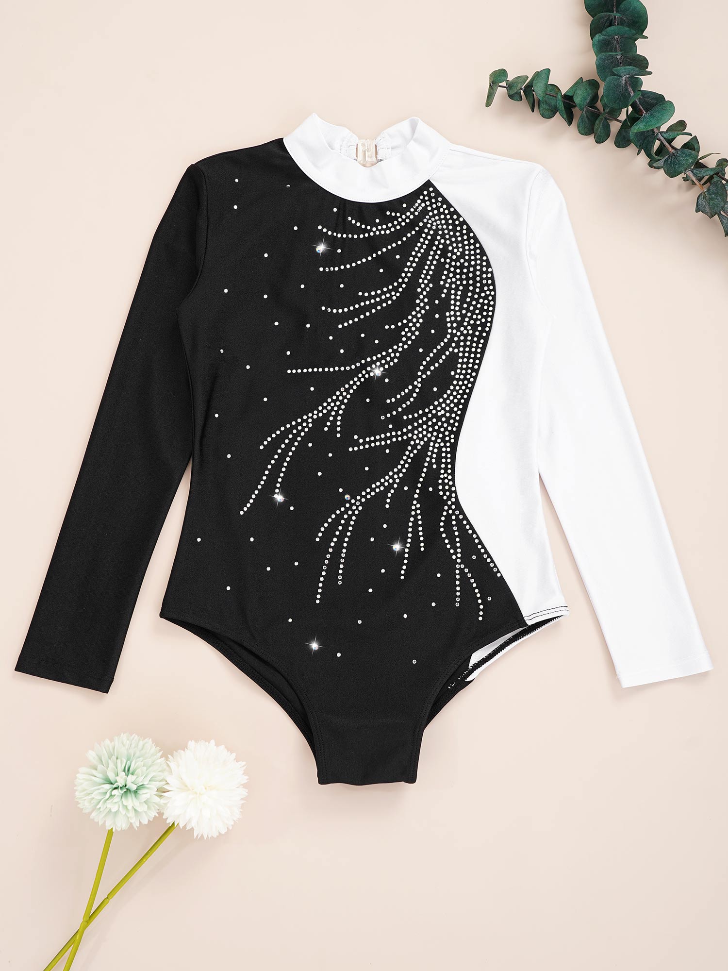 เด็กสาวยิมนาสติก Leotard เงา Faux เพชร Ballerina Dance เครื่องแต่งกาย Mock คอแขนยาวกรีฑาเครื่องแต่งกายเด็กบอดี้สูท