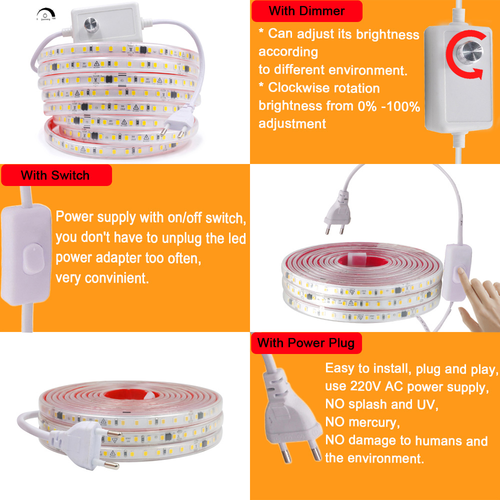 Impermeável LED Strip Light com IC, Fita flexível da lâmpada, Iluminação Home, Branco, AC 220V, IP67, 120 LEDs, 0.5m, 1m, 2m, 5m, 10m, 20m, 50m