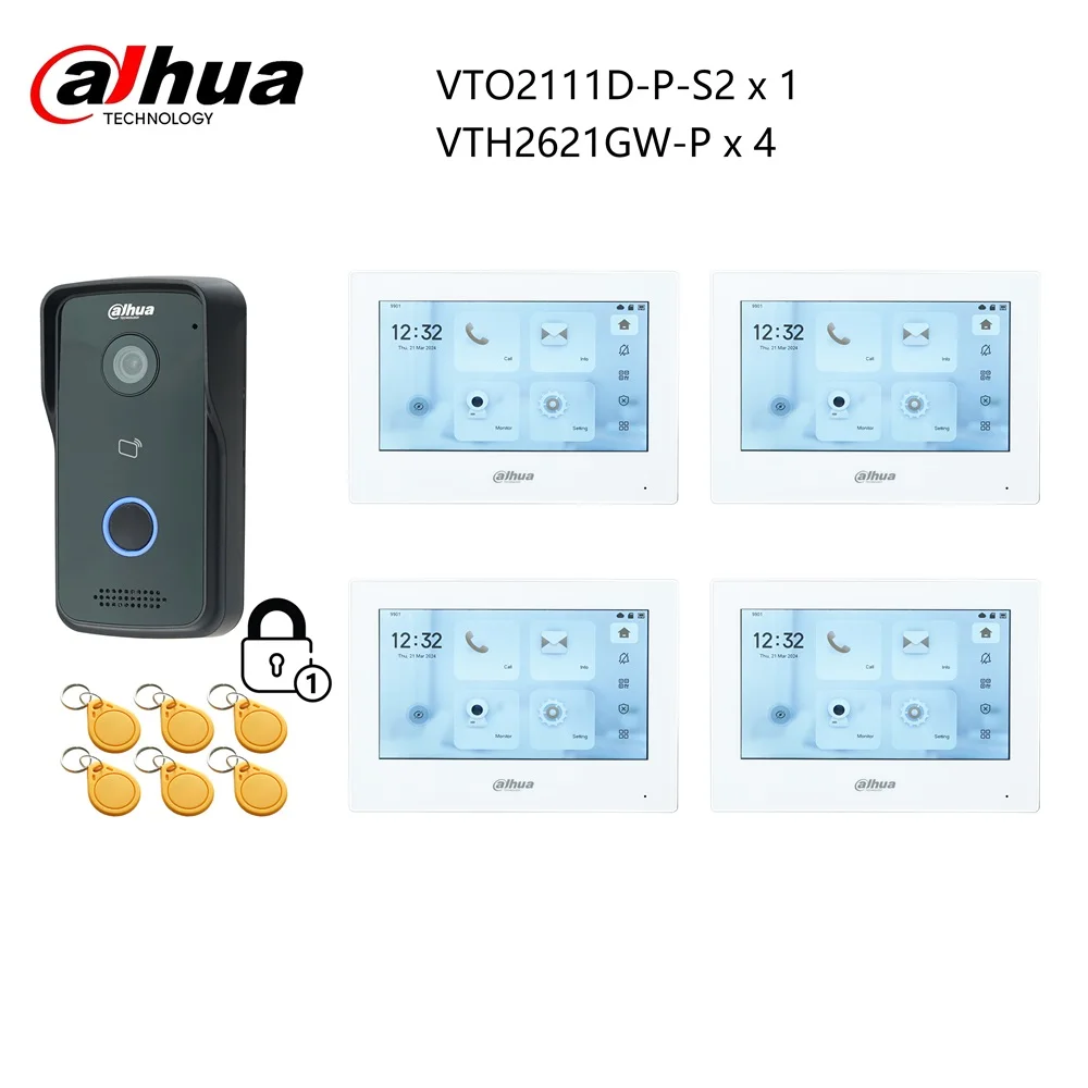 Dahua Meertalige IP Video Intercom KIT, VTO2111D-P-S2 & VTH2621GW-P / VTH2621G-P & PoE-schakelaar, ondersteuning SIP, RFID-kaart ontgrendelen