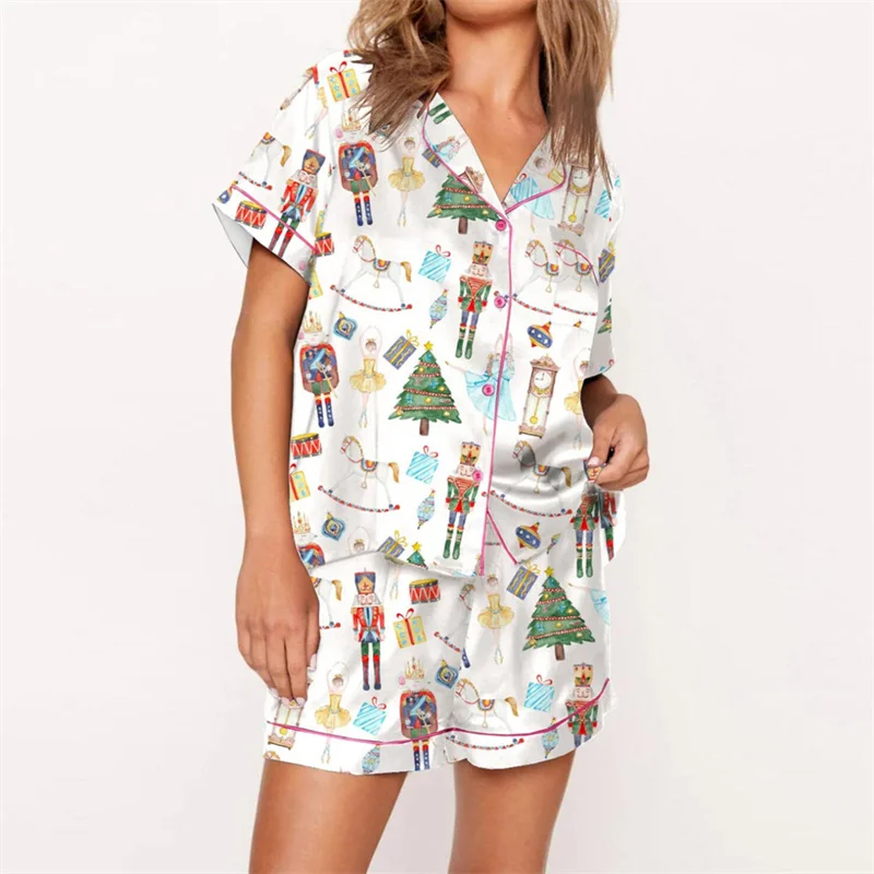 Nussknacker-Pyjama für Damen, Weihnachts-Pyjama-Set, kurzärmeliges Oberteil + elastische Taillen-Shorts, Weihnachtsmann, Avatar-Druck, Nachtwäsche-Outfits