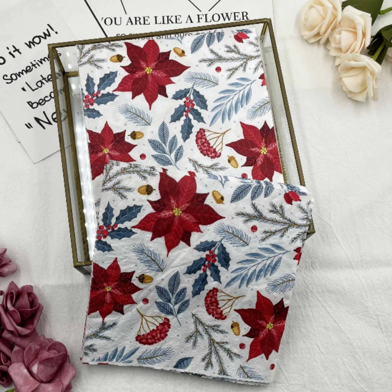 Servilletas de papel con estampado colorido 20 piezas/Pac, manteles individuales desechables de 2 capas con flores de Navidad, pulpa de madera para fiesta