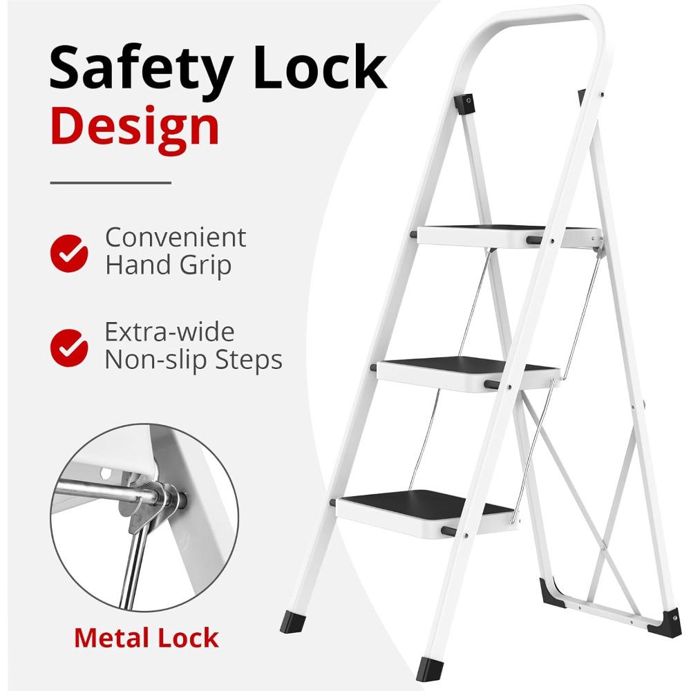 SONGMICS Step Ladder, 3-Step Ladder, Folding Ladder, Safety Lock, Space-Saving Storage, 150 kg, Dove Grey/Simiply White