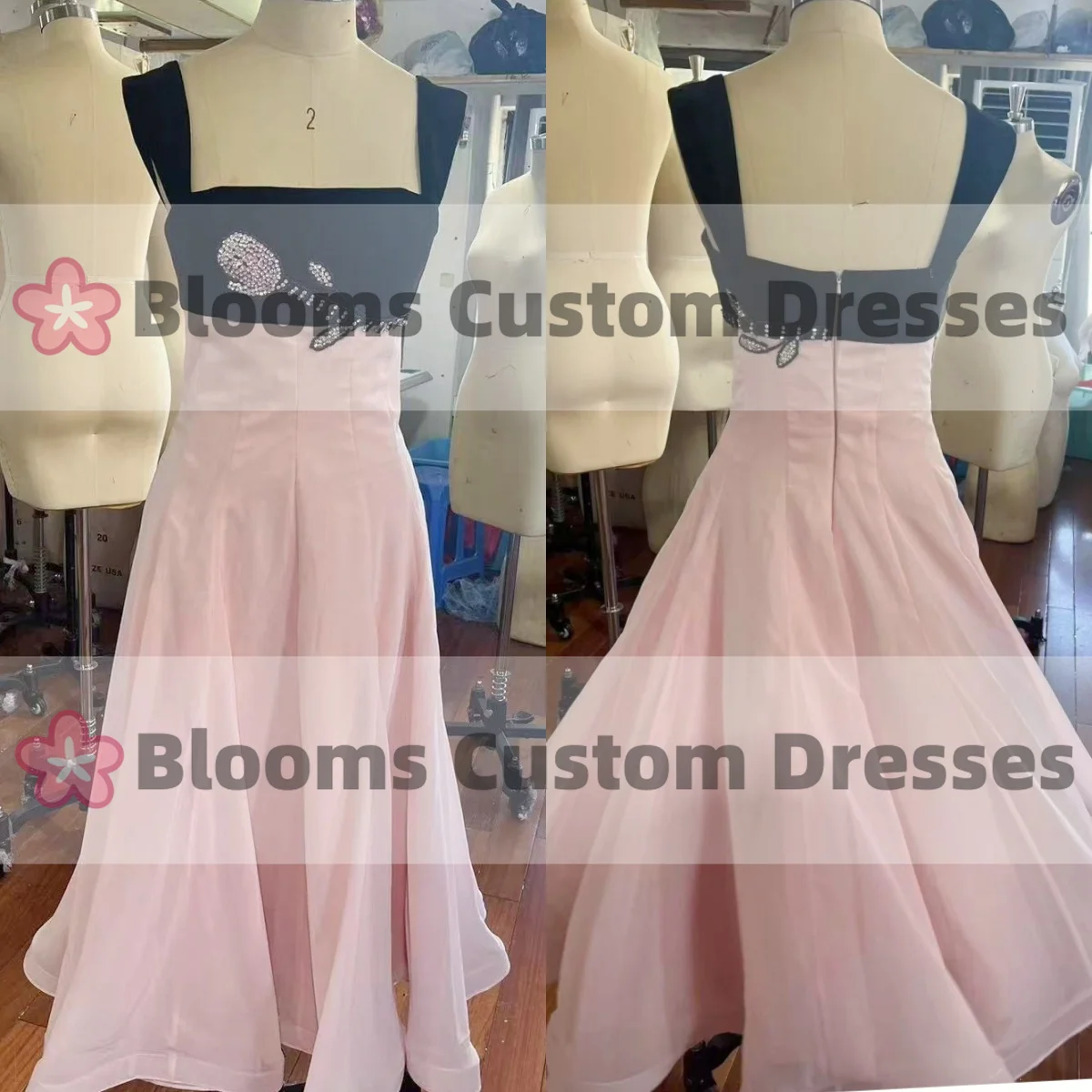Blooms ที่กําหนดเองกํามะหยี่สีดําสีชมพูชีฟองดอกไม้คริสตัลชุดราตรีแขนกุดหวานพรหมชุดวันเกิดพรรคอย่างเป็นทางการชุด