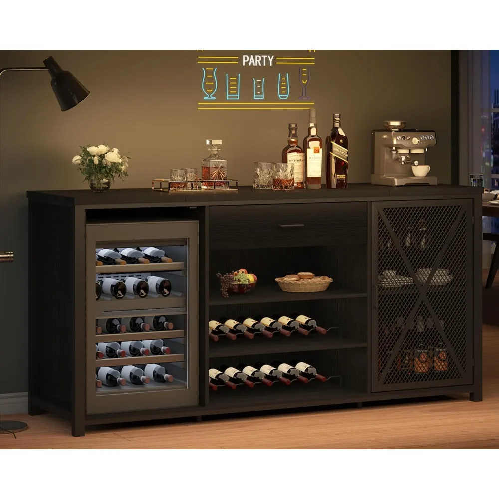 Long Coffee Bar Cabinet with Fridge Space, Modern Wood Metal Large Wine Sideboard Buffet Cabinet for Kitchen Dining Room 70 Inch