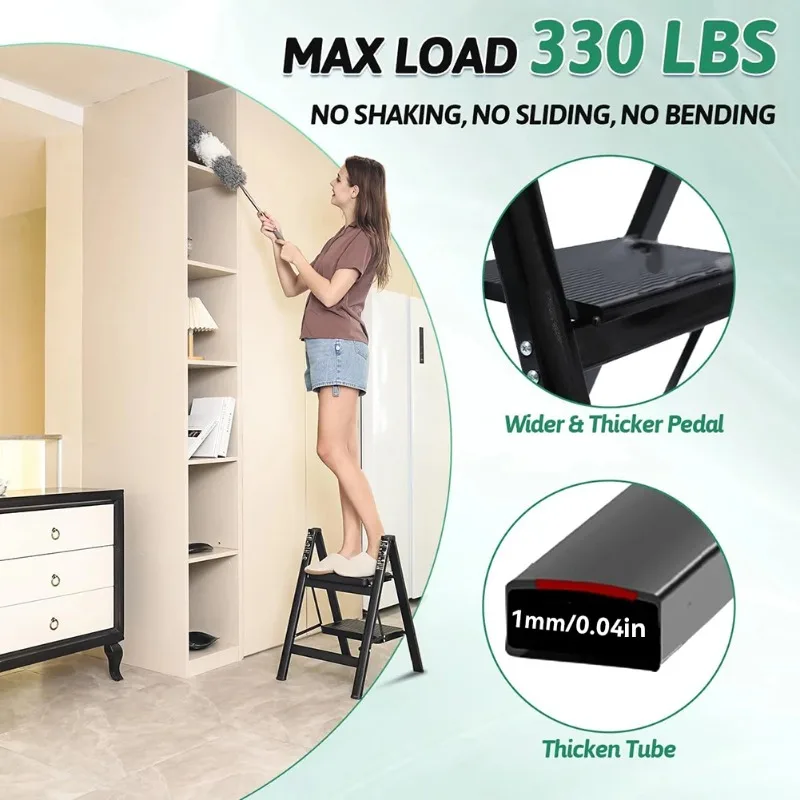 Escalera de taburete plegable de alta resistencia: capacidad de 330 libras, taburete antideslizante para cocina/armario para adultos y niños, escalera de paso compacta