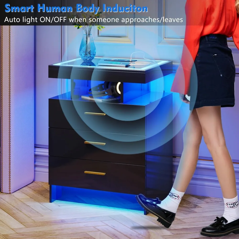 LED Nightstand with Wireless Charging Station, Auto Sensor 3 Color Dimmable Night Stand, Modern Bedside Table with 3 Drawers &