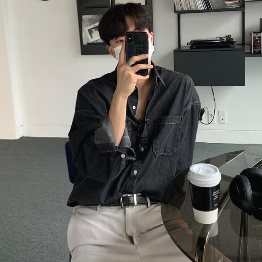 American Retro Denim irt Jaet Men's Lightweight Loose Long Sve High-End Multi-ket Workwear irt Summer Faion