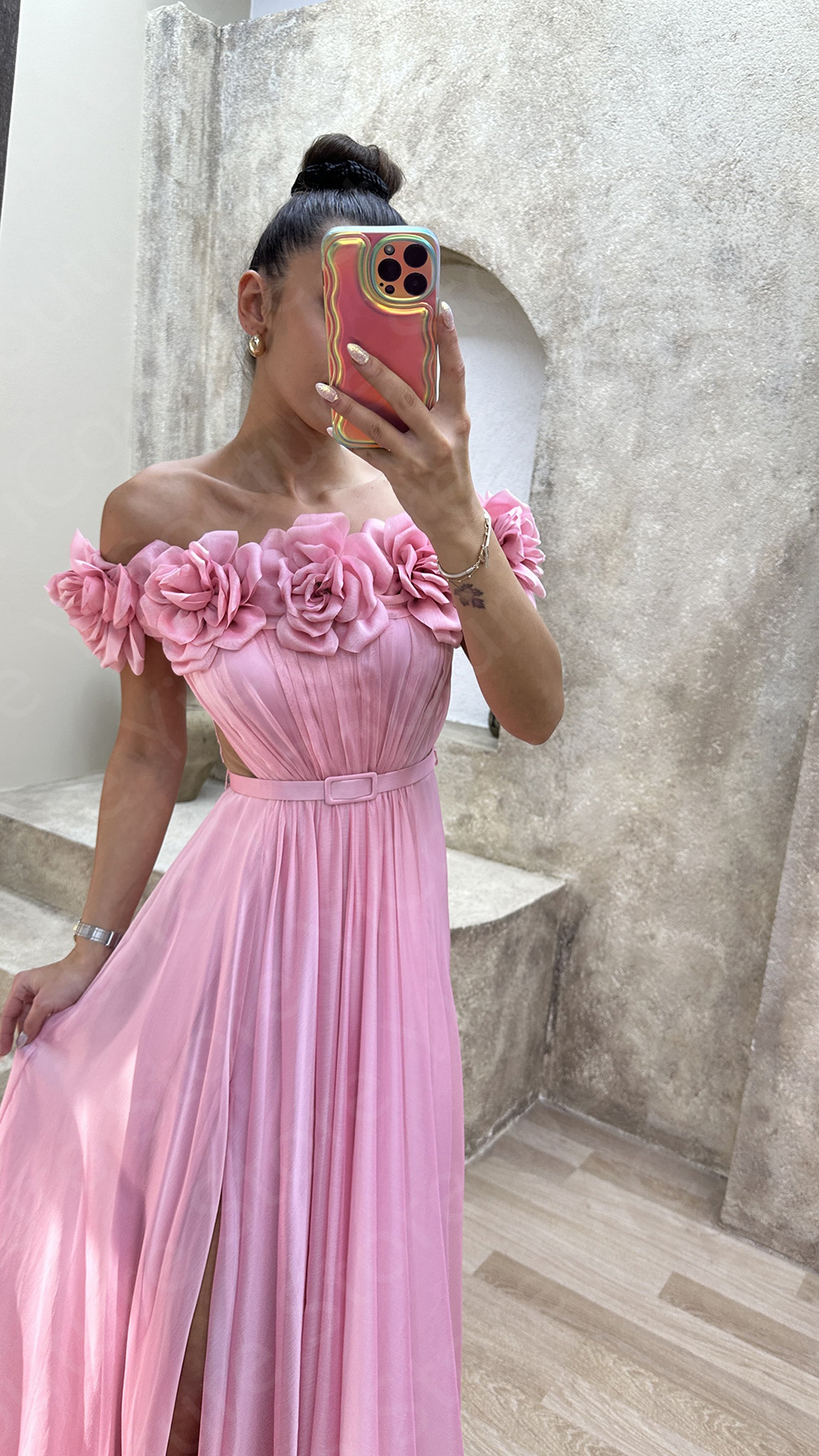 Customized Pink Evening Dresses Side Slit Prom Gowns Off Shoulder Strapless Flowers Wedding Party Dresses with Belt Sweep Train