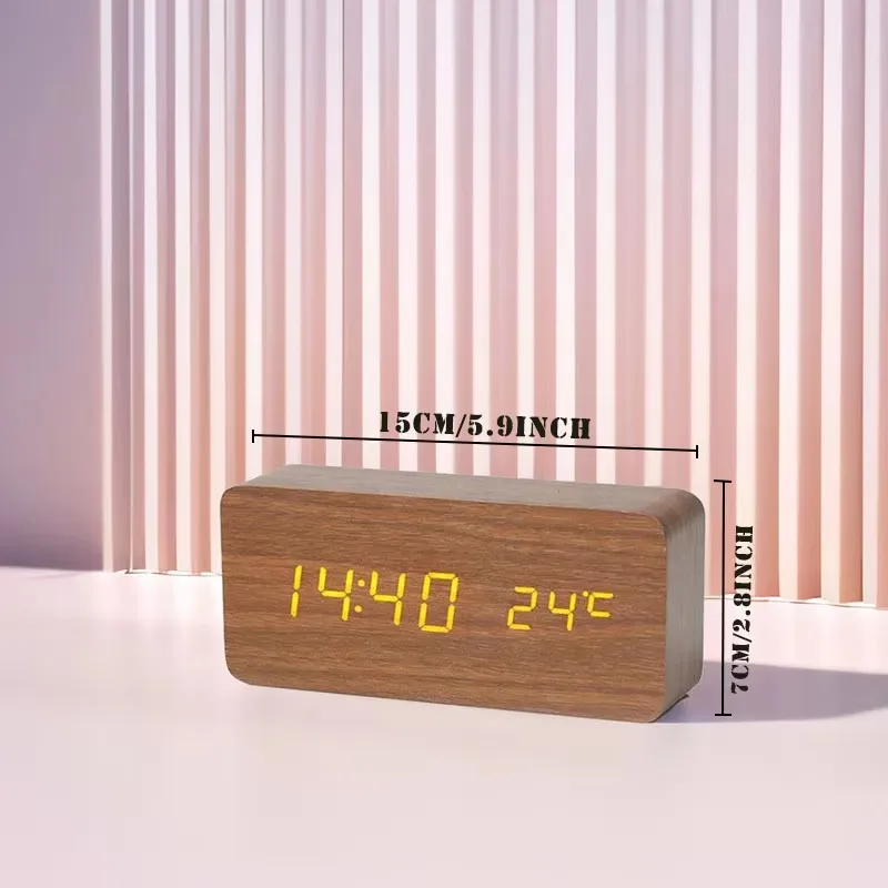 침실 사무실 책상 장식을 위한 온도와 나무 디지털 알람 시계 LED 테이블 시계