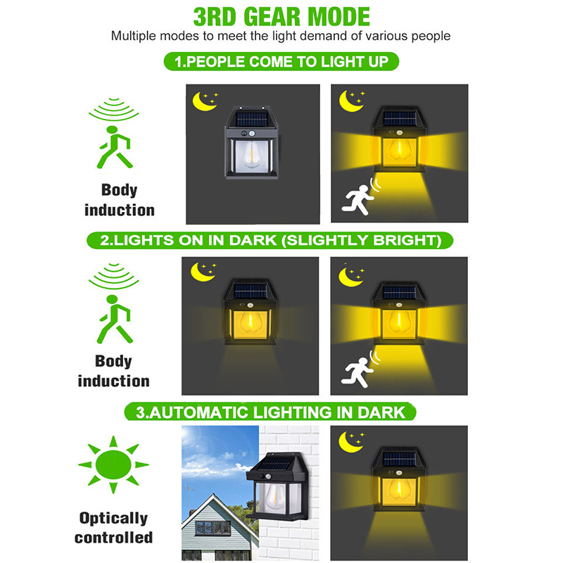 Lâmpada noturna solar de tungstênio, sensor de movimento inteligente, lâmpada de parede, 3 modos de iluminação, à prova d'água, pátio, decoração de jardim