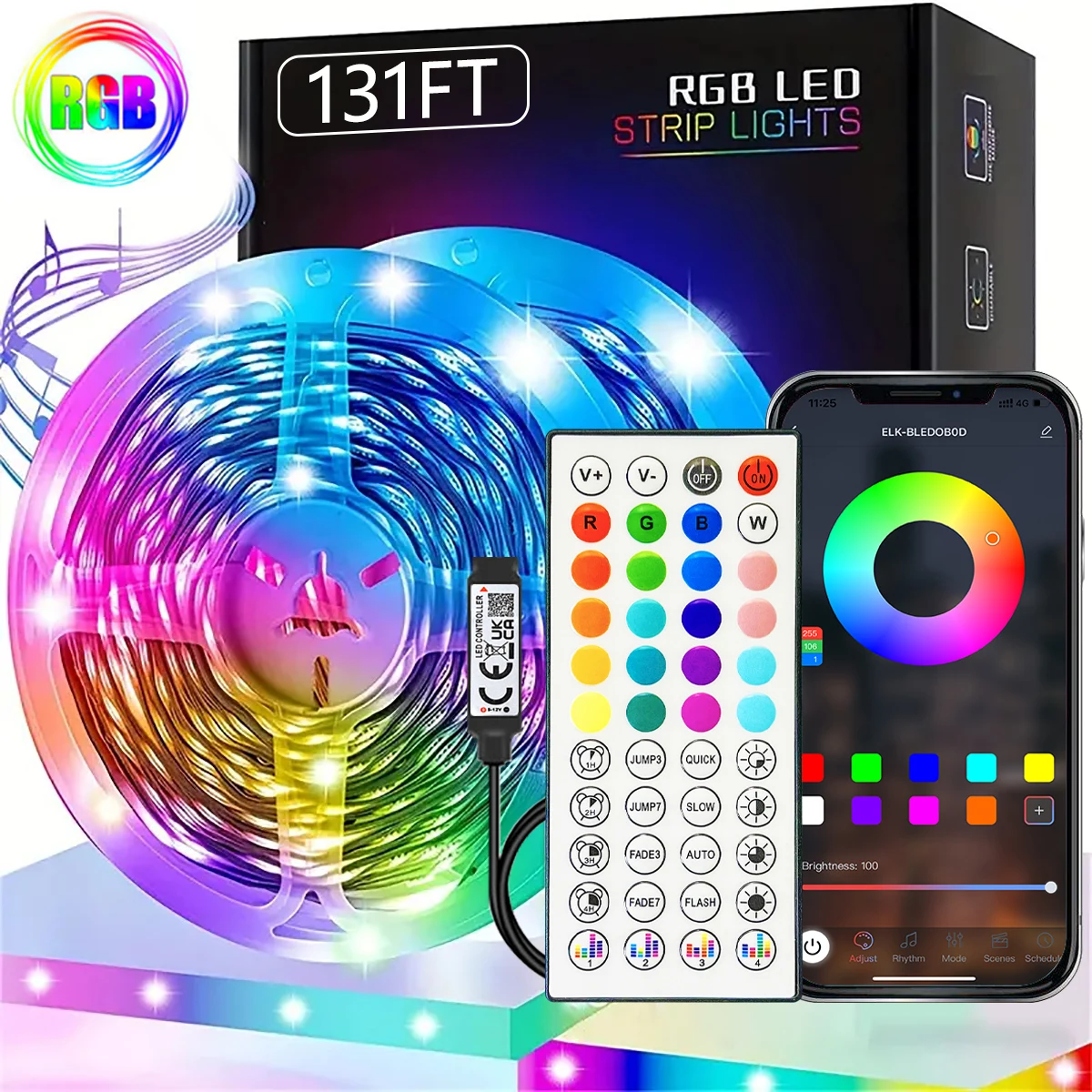 Tira de luces Led de 40M/131 pies, aplicación de 44 teclas, sincronización de música, Control remoto, USB, 5V, RGB, cinta Flexible para decoración de habitación, diodo de retroiluminación de TV