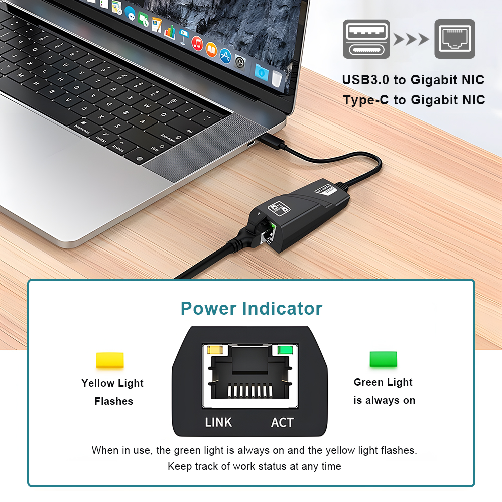 Adaptador USB 3,0 con cable USB TypeC a Rj45 Lan Ethernet, tarjeta de red RTL8153 para PC, Macbook, Windows y portátil, 10/100/1000Mbps