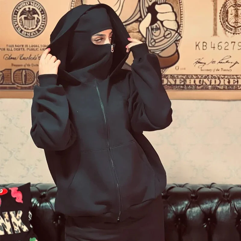 Feminino masculino e balaclava y2k gótico harajuku inverno novo item duplo moletom com capuz masculino máscara com zíper roupas esportivas