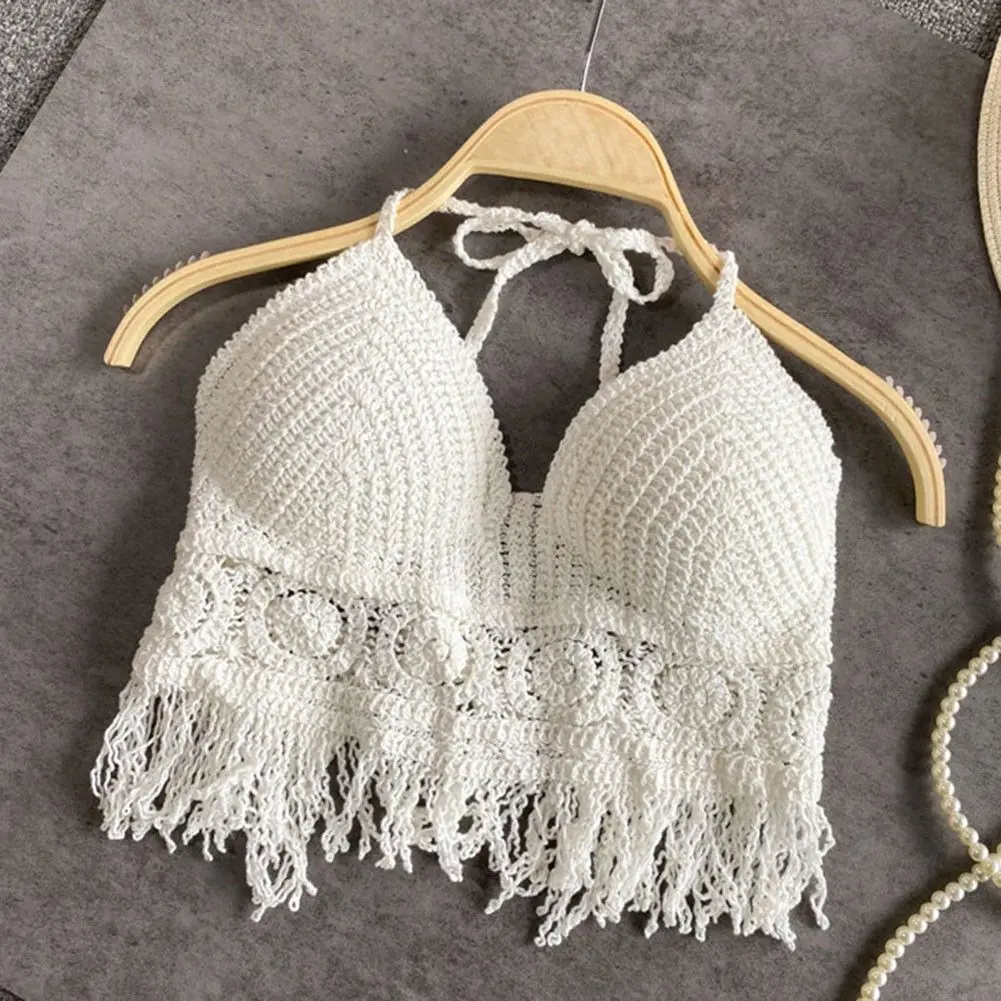 Top Halter de ganchillo para mujer, Top corto de punto para playa con flecos, blusa estilo bohemio con cordones y espalda descubierta, ropa para vacaciones y Festival