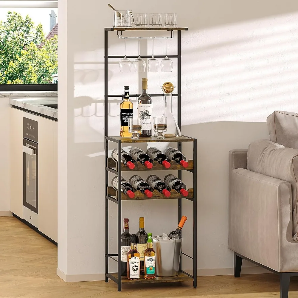 5-Tier Wine Rack Freestanding Floor, Liquor Bar Stand with Glasses Holder and 4 S Hooks, Corner Mini Bar Cabinet for Small Space