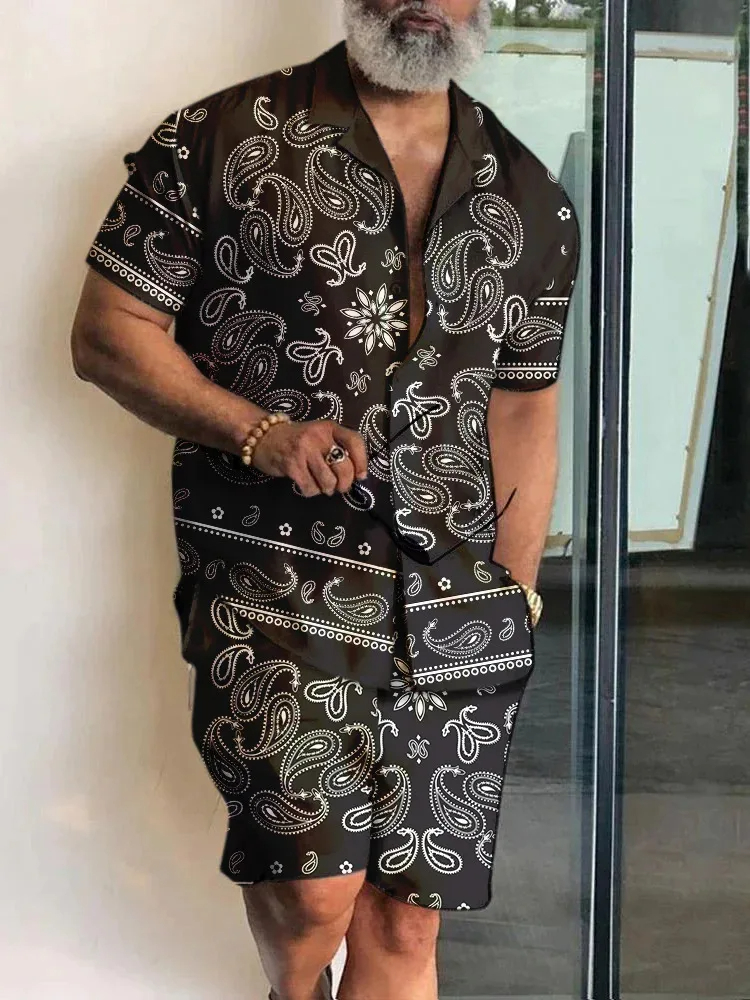 ชายเสื้อชุดผู้ชาย 3D แฟชั่นเสื้อ + กางเกงขาสั้น 2 ชิ้นชุดเสื้อฮาวายยุโรปหรูหราเสื้อชุดชายหาดชุดชาย