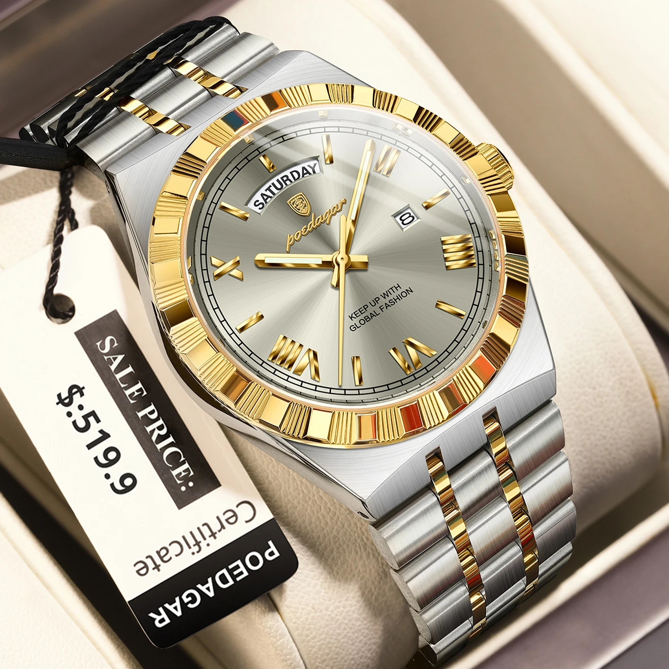 Poedagar luxo homem de negócios relógio semana data à prova dwaterproof água relógios luminosos para homem aço inoxidável quartzo moda masculina relógio de pulso