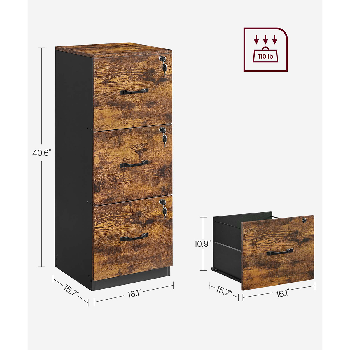 VASAGLE 3-Drawer Vertical File Cabinet, Filing Cabinet for Home Office, with 3 Lockable Drawers, Adjustable Hanging Rail