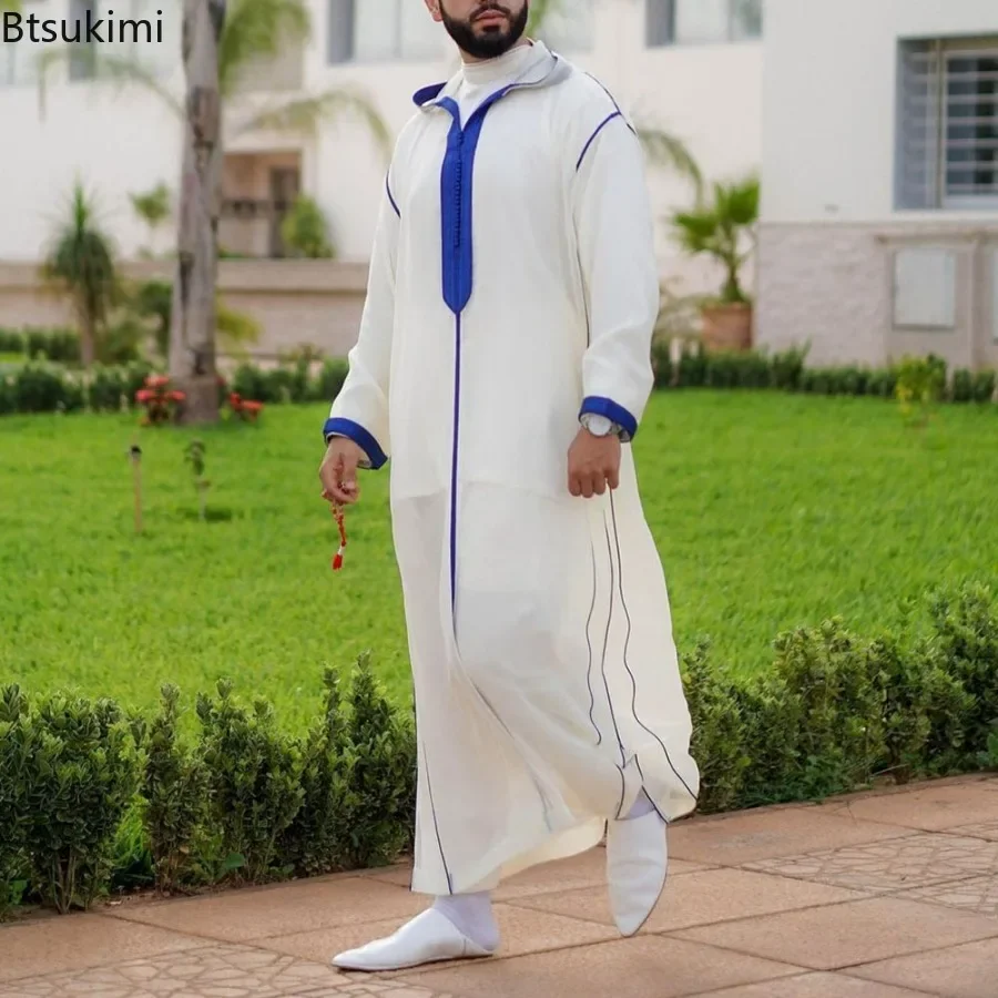 新 2025 イスラム服男性ローブカフタンイスラム教徒男性モロッコカジュアルロングドレスアラビアストライプローブ中東民族衣装