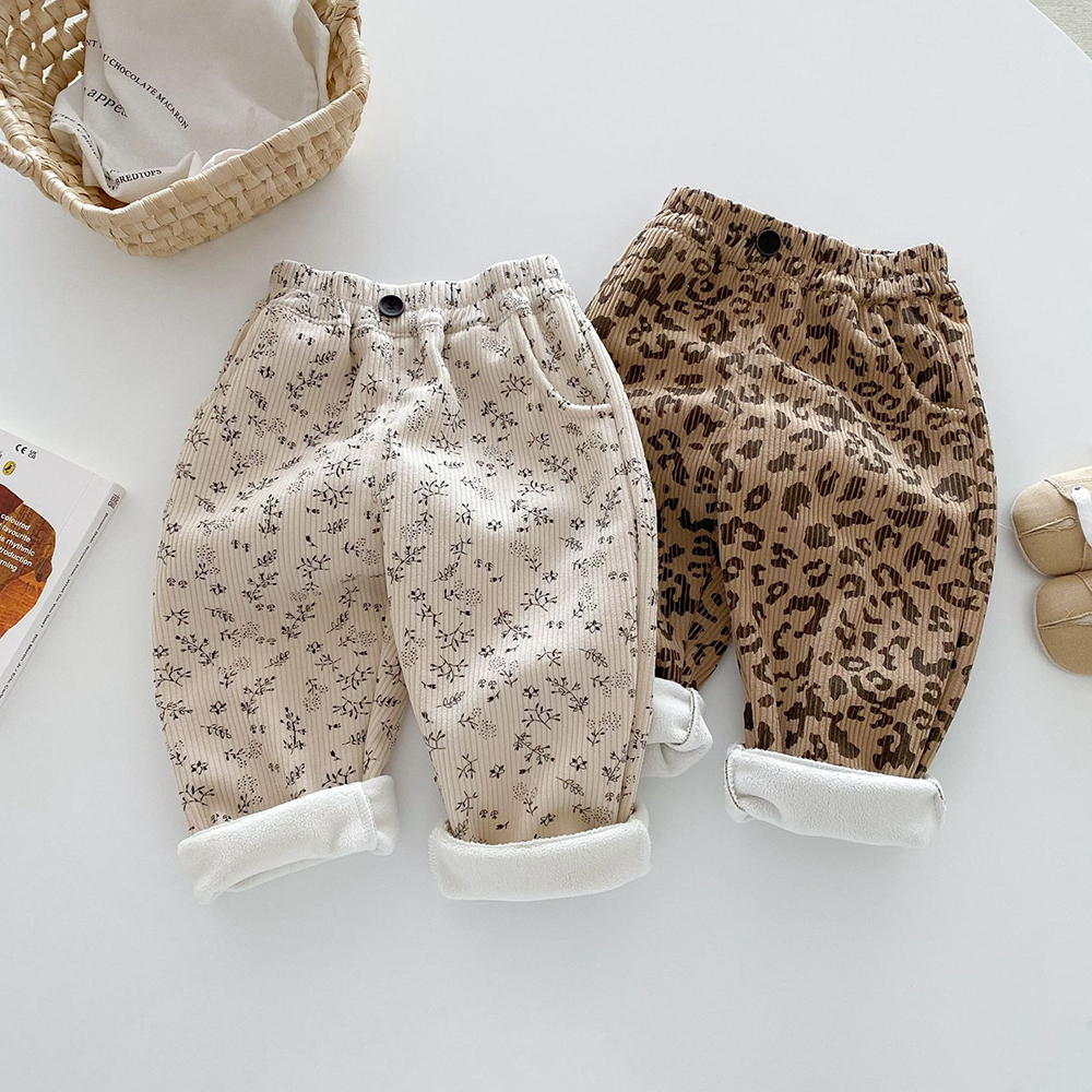 MILANCEL 1-5Y 秋のキッズベビーパンツ厚みフリース裏地花女の子ズボン暖かいファッションヒョウ柄男の子パンツ生き抜く